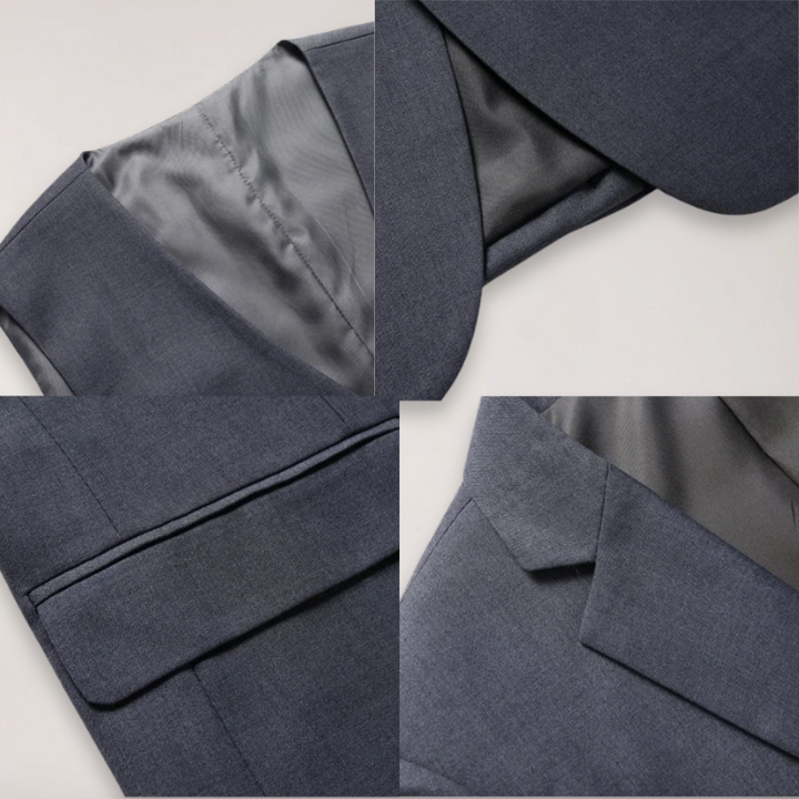 Man wearing a sophisticated tailored two-piece formal suit, blazer & trousers, for any occasion.