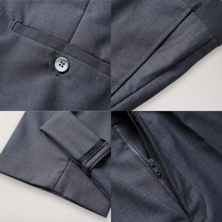 Close-up on the fabric and tailored fit of a men's two-piece formal suit blazer and trousers.