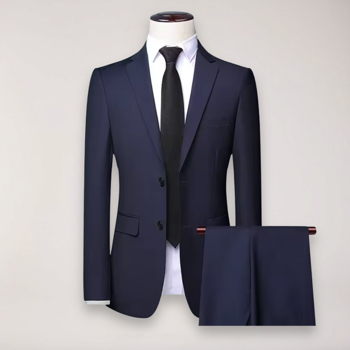 Professional men's tailored fit business suit. Classic two-piece blazer and formal trousers for work.
