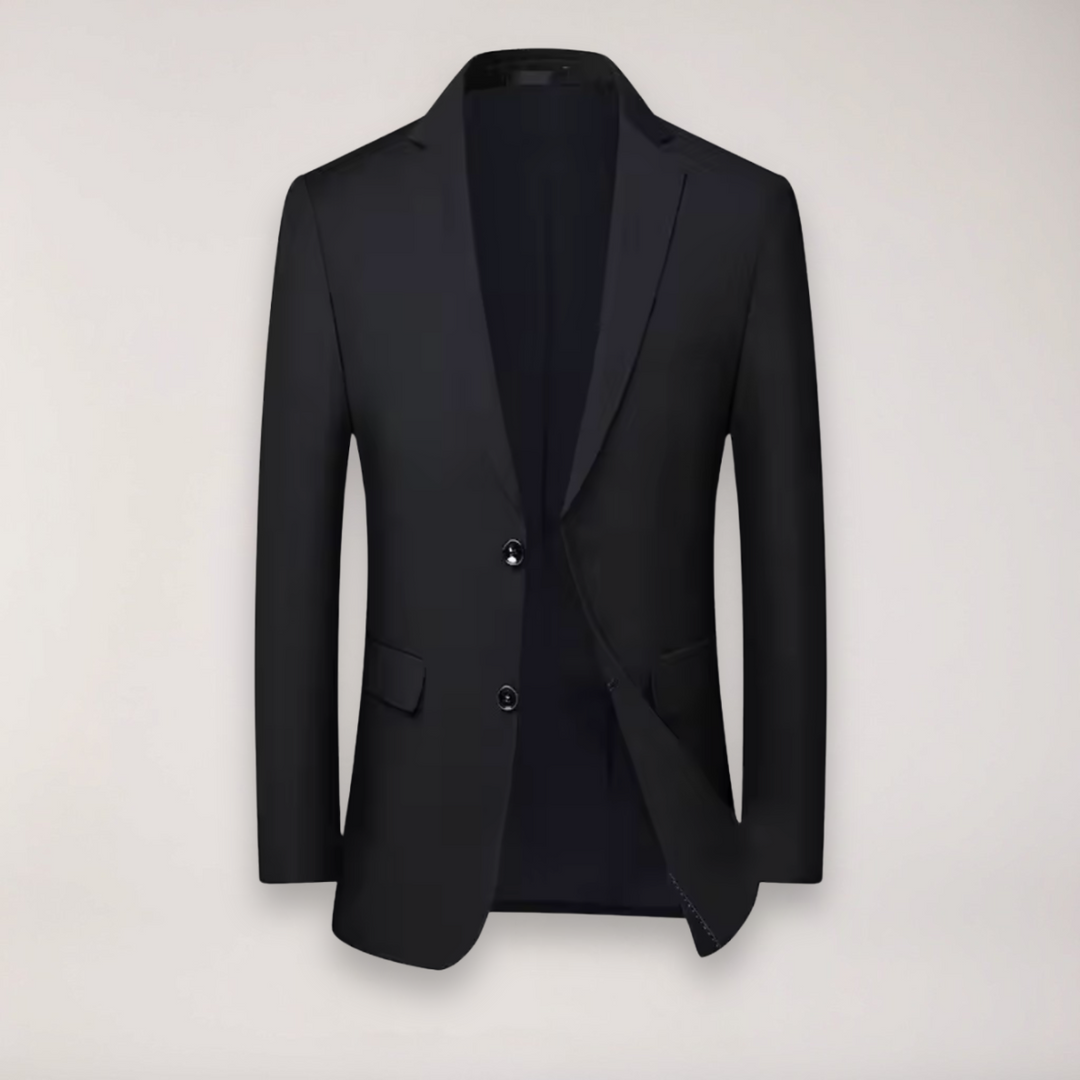 Modern men's fashion: a tailored fit two-piece formal suit with blazer and dress trousers.