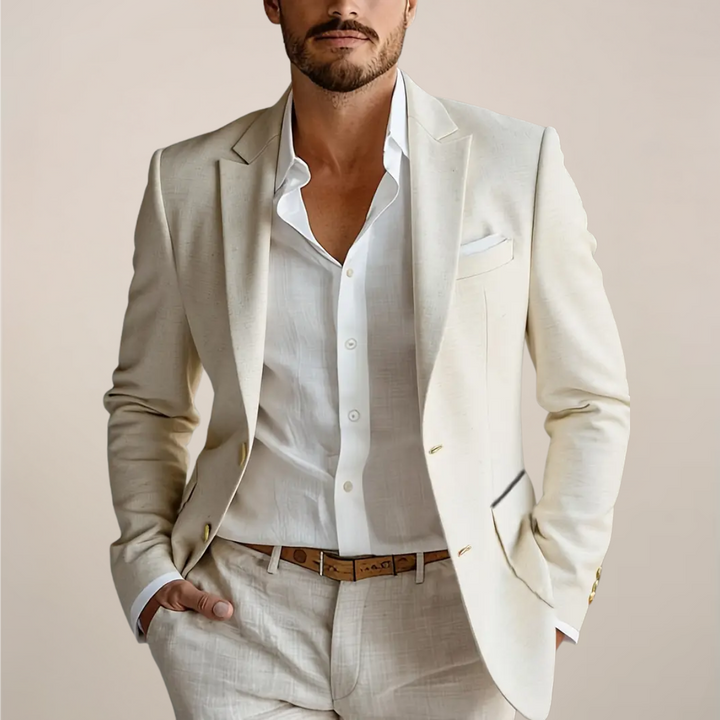 Men's tailored two-piece suit, ideal for formal events, weddings, or business. Sleek, elegant men's fashion.