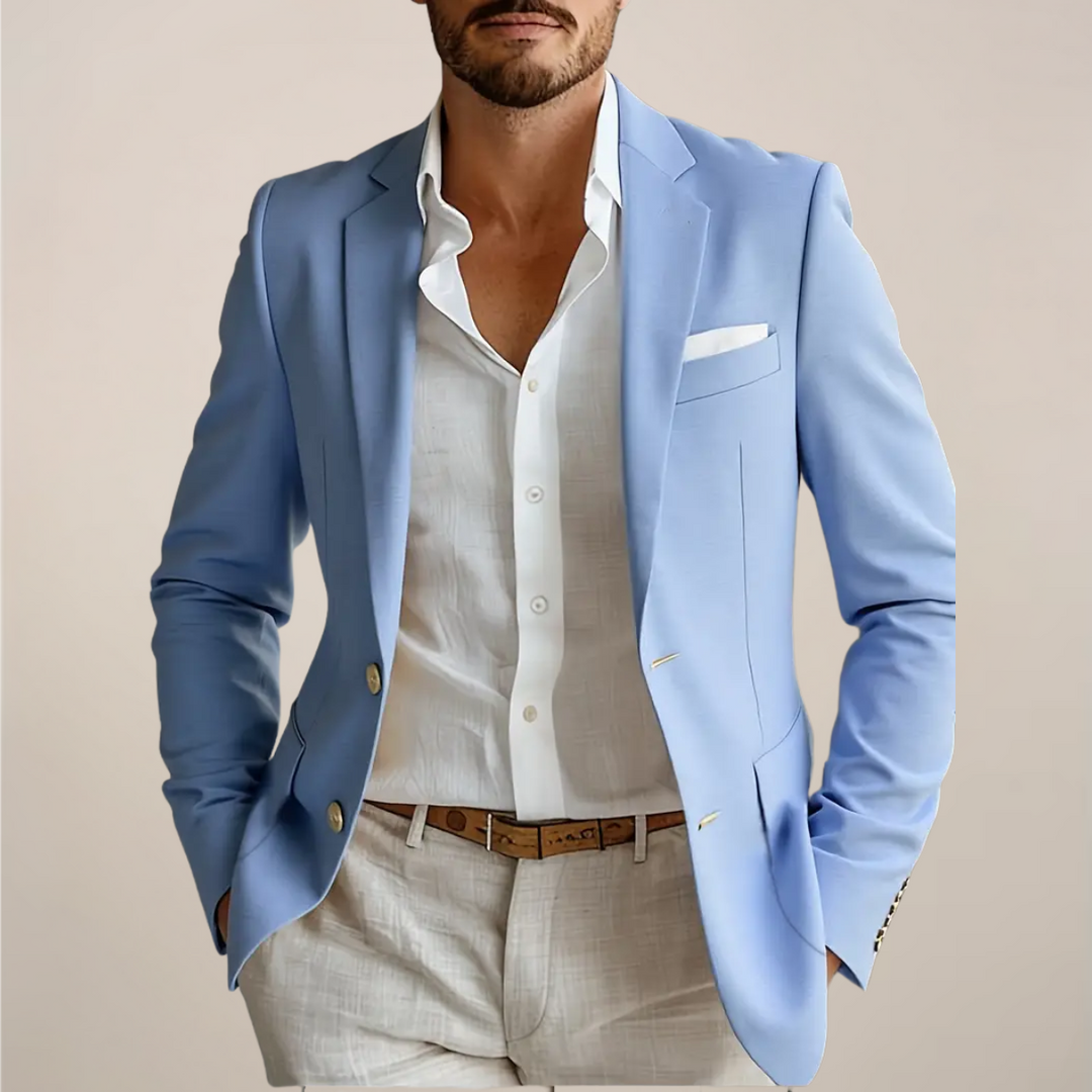 Tailored men's two-piece suit featuring concealed pockets. Perfect formal wear for spring/summer weddings & business.