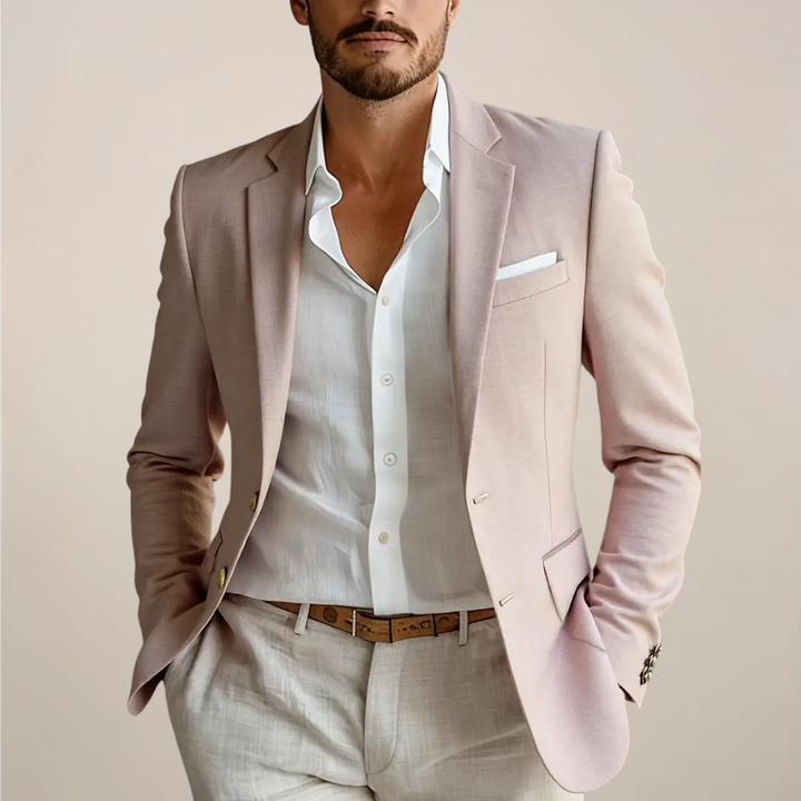 Modern men's tailored two-piece suit, designed for spring/summer events. Ideal formal wear for weddings & business.