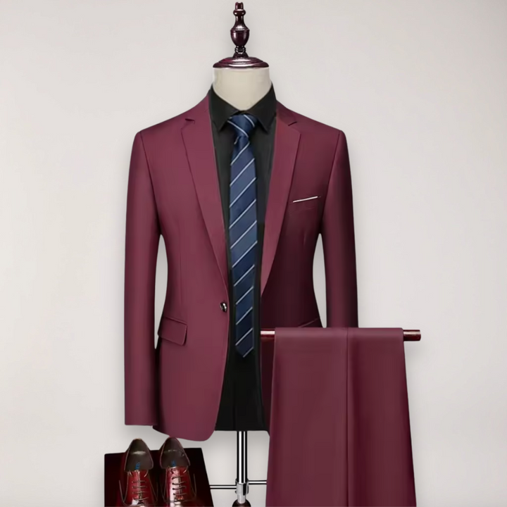 Elegant men's purple tailored two-piece suit, blazer & trousers, professional formal wear for special events.