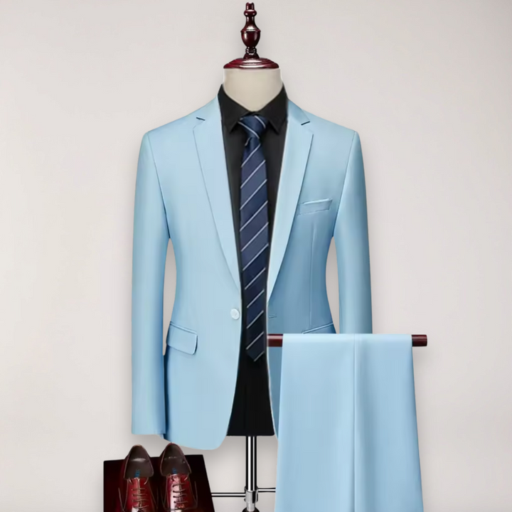 Professional men's tailored two-piece suit, featuring blazer & trousers, perfect wedding suit or business attire.