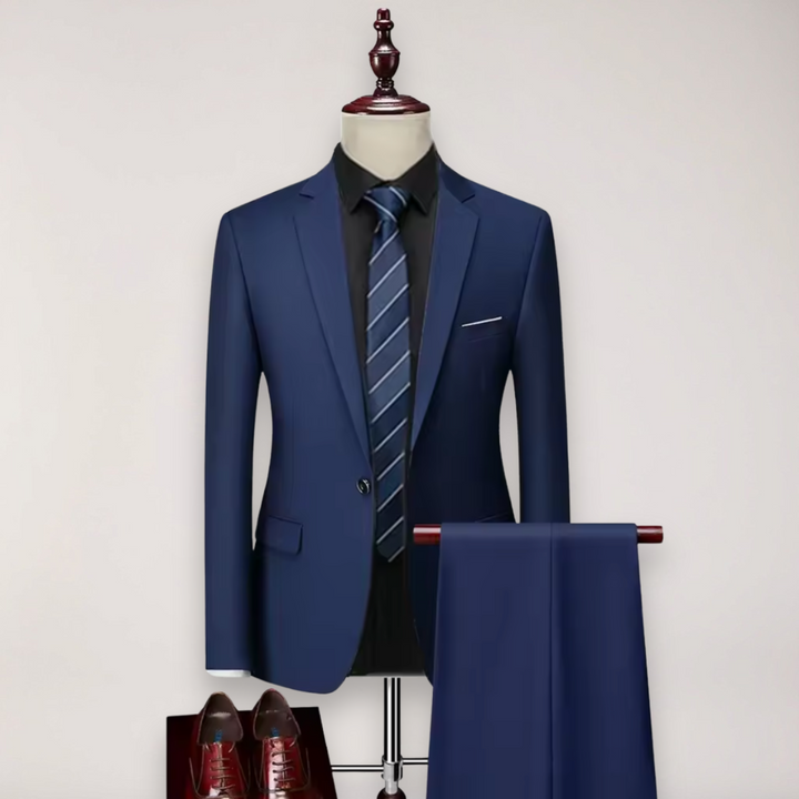 Modern men's tailored two-piece suit set in light blue, blazer & trousers for smart formal & business fashion.