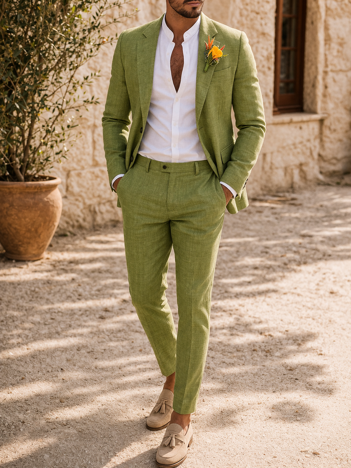 Men's tailored two-piece wedding suit, perfect for formal events & summer weddings. Stylish and modern.