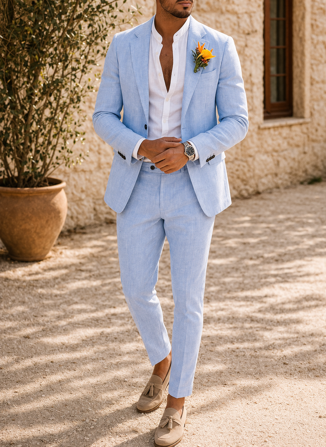 Stylish men's tailored two-piece suit for weddings and formal wear. Slim-fit design, perfect for event attire.