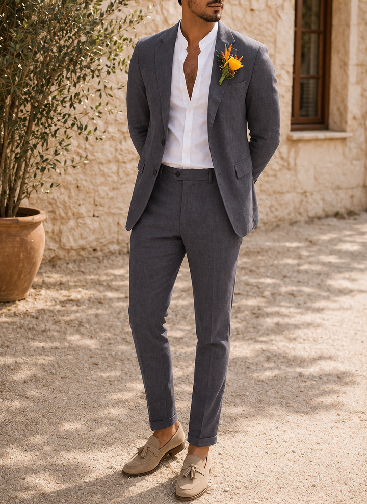 Sharp men's tailored suit, a stylish two-piece wedding outfit. Perfect formal wear for summer events.