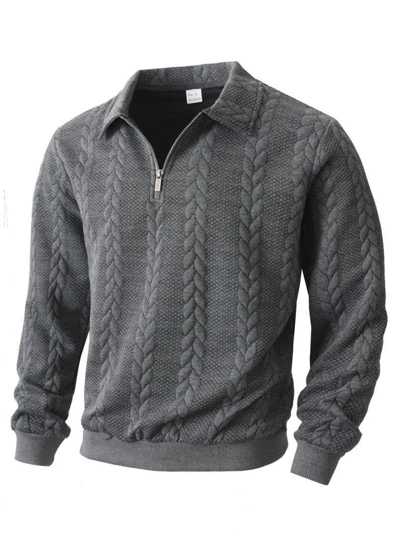 Men's textured knit half-zip pullover sweater, perfect for smart casual or versatile layering.