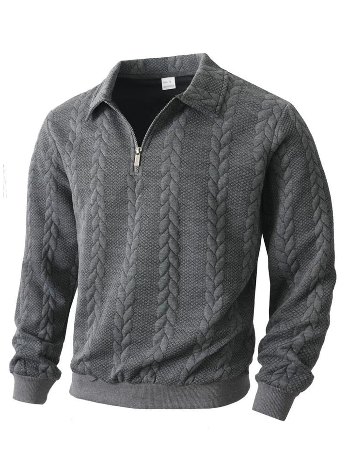Men's textured knit half-zip pullover sweater, perfect for smart casual or versatile layering.