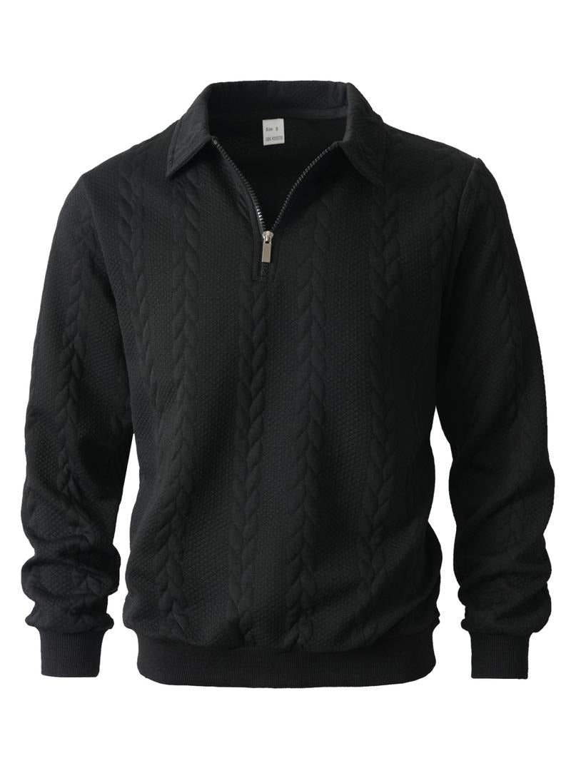 Stylish men's textured knit half-zip sweater, a versatile layering piece for smart casual elegance.