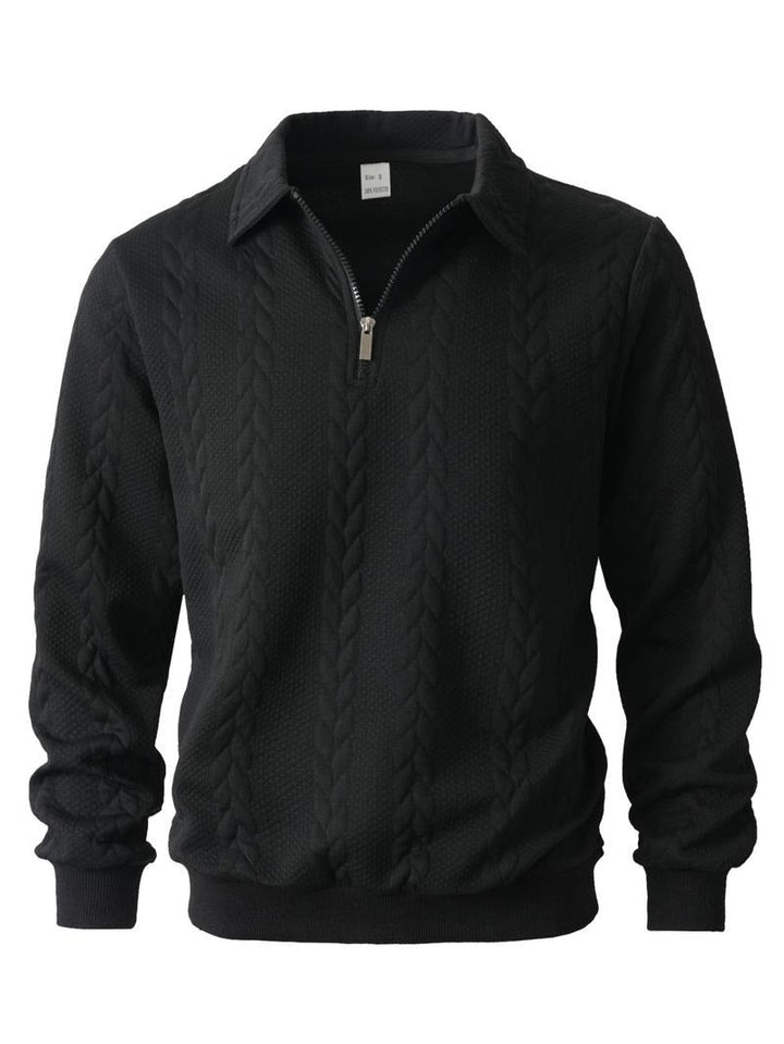 Stylish men's textured knit half-zip sweater, a versatile layering piece for smart casual elegance.