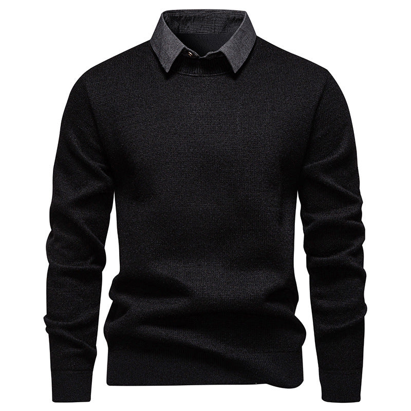 Men's textured knit sweater with layered collar. Smart casual style, perfect for elevated fall and winter fashion.