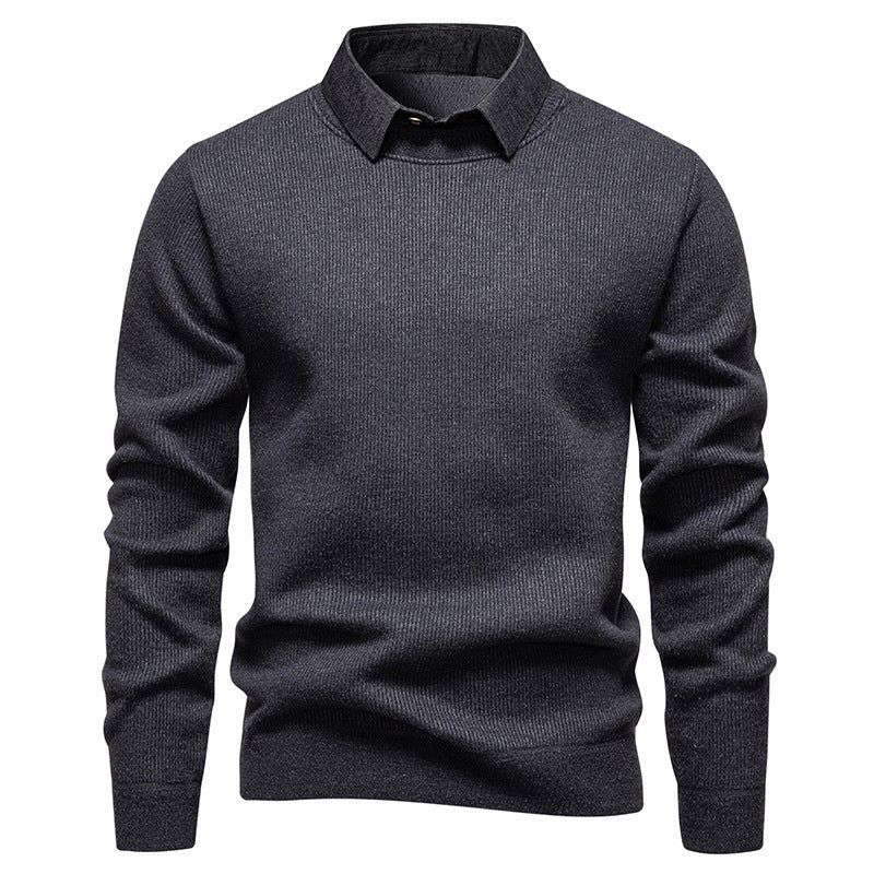 Stylish men's knit sweater featuring a unique layered collar. Elevates smart casual outfits for fall and winter fashion.
