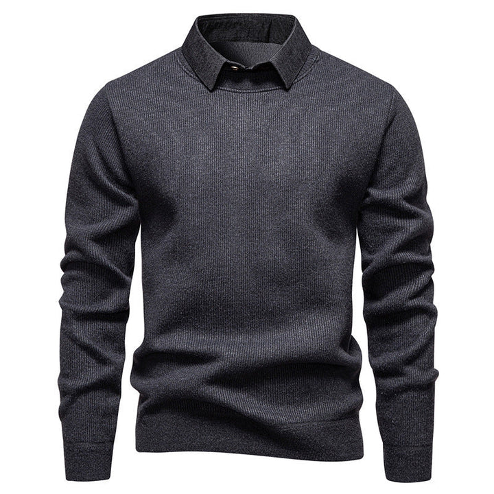 Stylish men's knit sweater featuring a unique layered collar. Elevates smart casual outfits for fall and winter fashion.