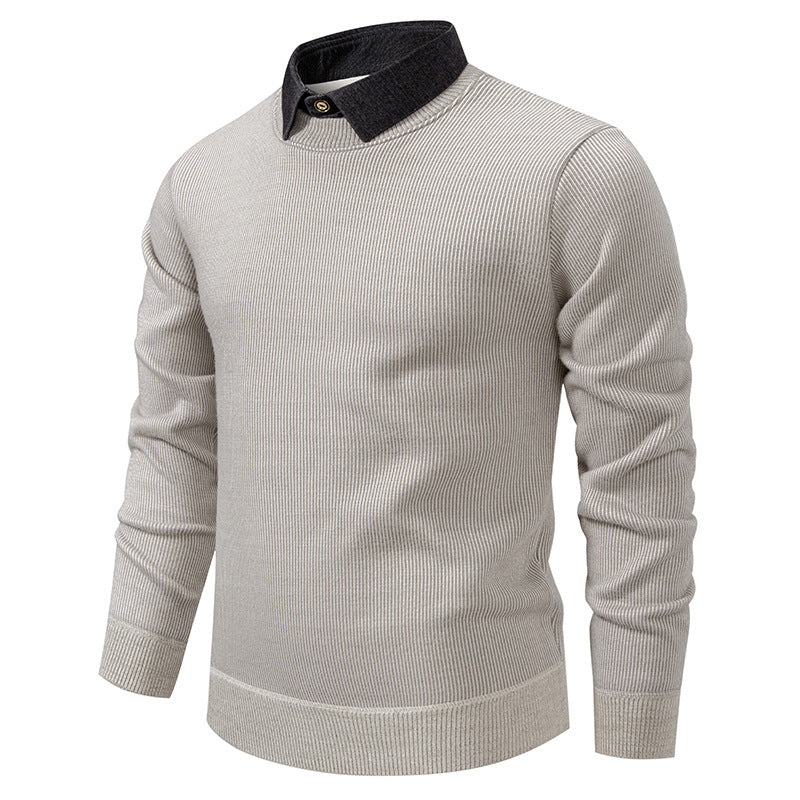 Man wearing an elegant textured knit long-sleeve sweater with layered collar. Perfect for smart casual or fall fashion.