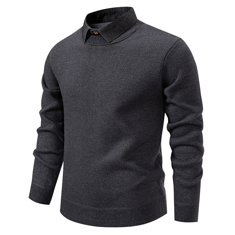 Versatile men's textured knit sweater. Layered collar design offers elevated style for fall, winter, and everyday comfort.