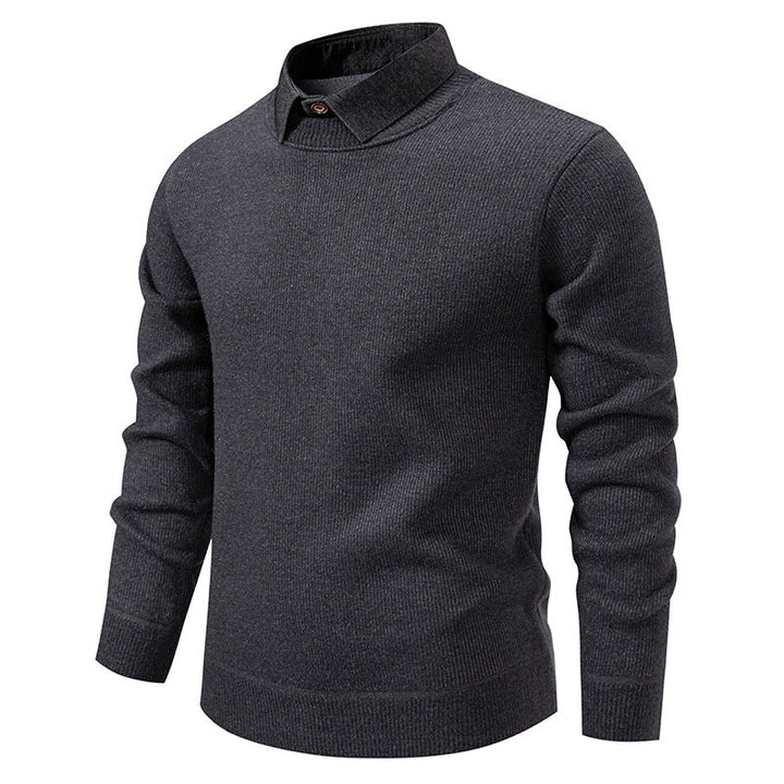 Versatile men's textured knit sweater. Layered collar design offers elevated style for fall, winter, and everyday comfort.