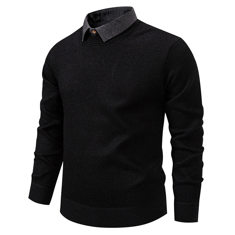 Close-up of the rich textured knit fabric on a men's long-sleeve sweater, featuring a stylish layered collar for fall.