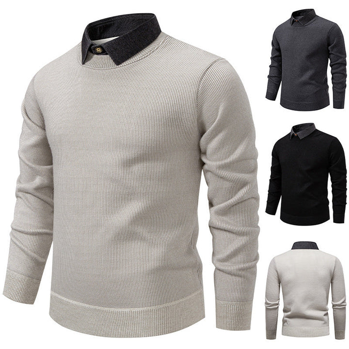 Essential men's long-sleeve textured knit sweater with a layered collar, providing warmth and style for fall & winter.