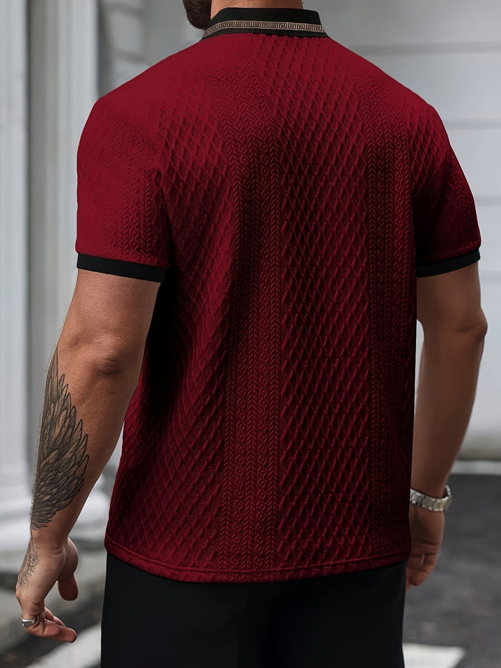 Classic men's short sleeve textured polo, an essential slim fit top for versatile summer wear.
