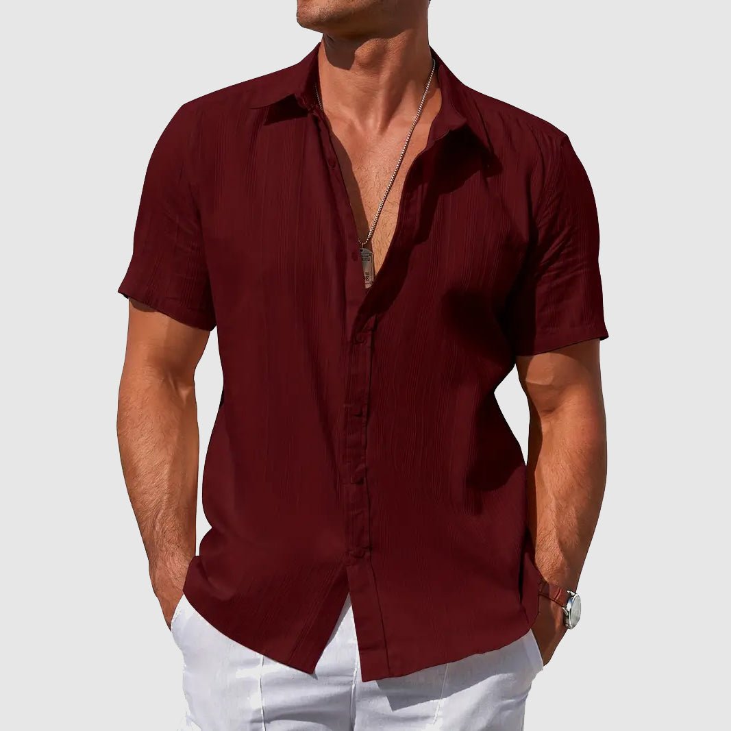 Versatile men's textured short sleeve top. Button front, regular fit, lightweight for everyday summer casual style.