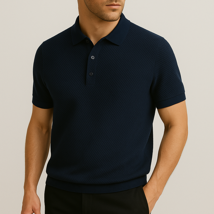 Back view of a versatile men's short sleeve textured polo shirt, emphasizing its tailored fit and clean look.