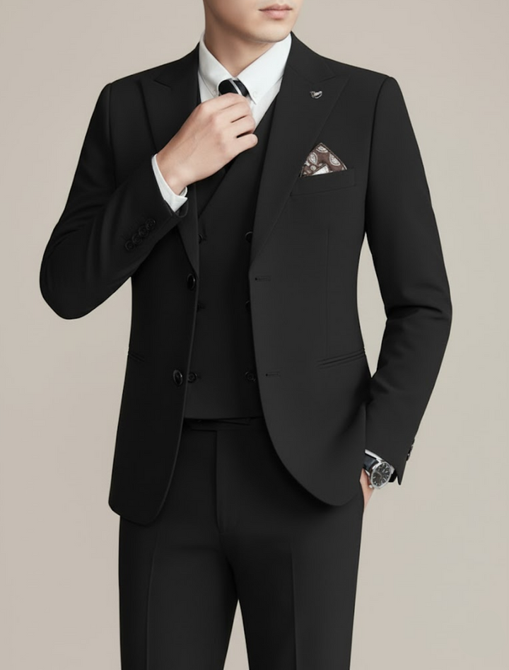 Men's three-piece tailored suit in a slim fit, perfect for formal events, weddings, and business attire.