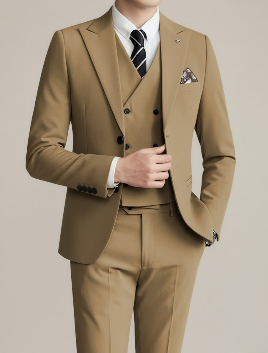 Elegant men's wedding suit, a tailored three-piece set designed for a sophisticated groom or guest.