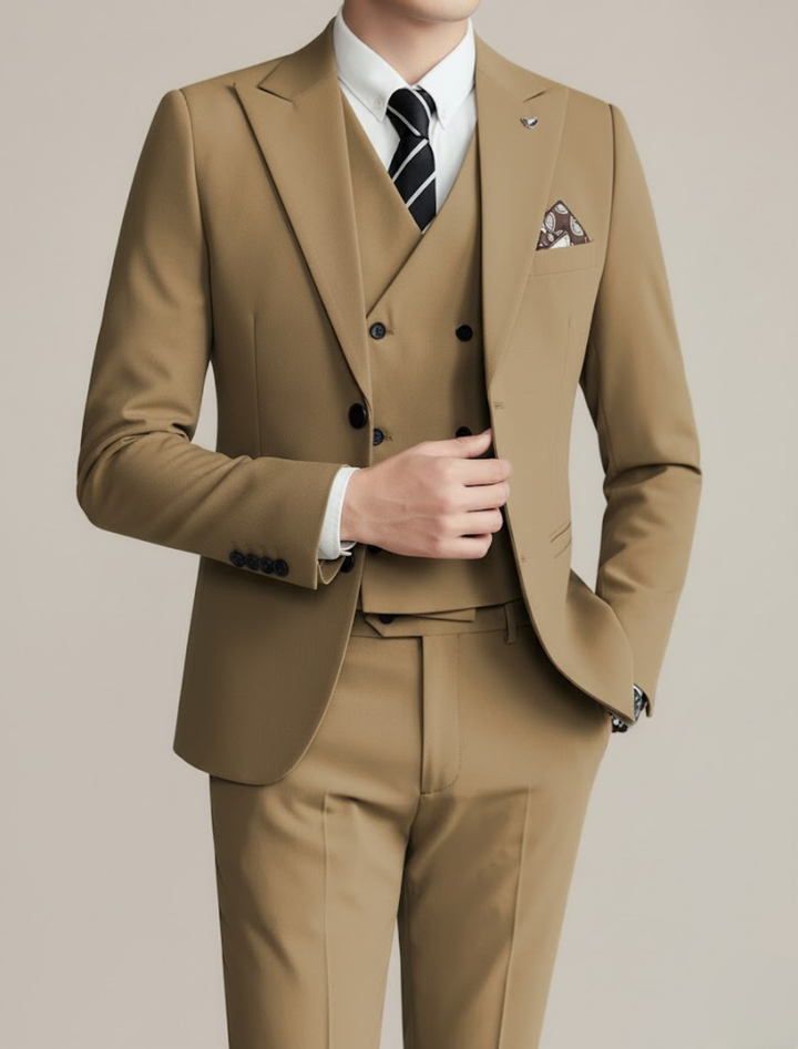 Elegant men's wedding suit, a tailored three-piece set designed for a sophisticated groom or guest.