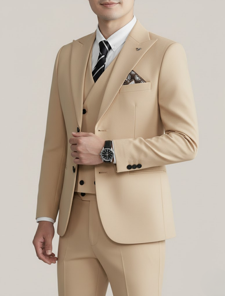 Professional men's tailored three-piece suit, offering a sharp look for business meetings and formal events.