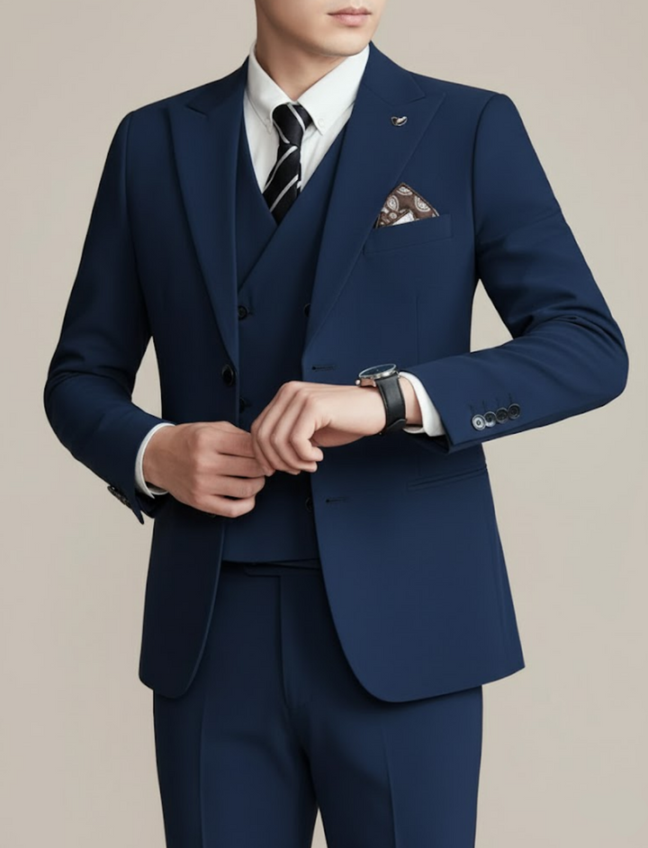 Stylish men's slim fit three-piece suit, showcasing modern tailoring for a sophisticated formal event look.