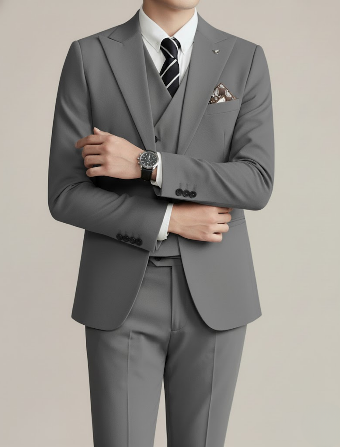High-quality men's tailored three-piece suit, featuring luxurious fabric for supreme formal event comfort.