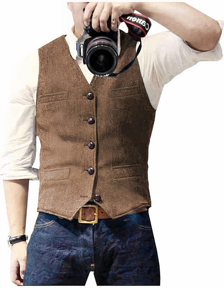 Versatile men's tailored vest, enhancing any outfit with classic elegance. A key layering piece for modern men's fashion.