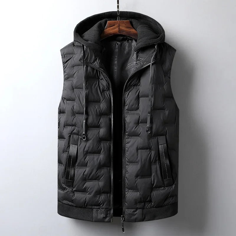 Hooded men's thermal vest, perfect winter activewear for outdoor adventures and cold weather travel.