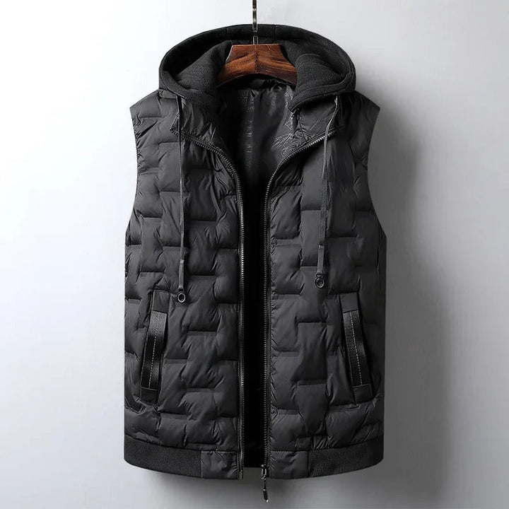 Hooded men's thermal vest, perfect winter activewear for outdoor adventures and cold weather travel.