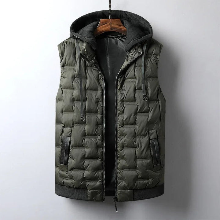 Insulated men's thermal outdoor vest. Essential winter gear for active adventure and cold weather protection.