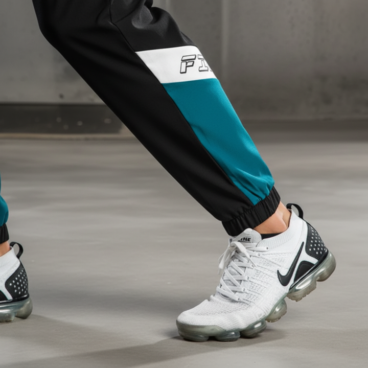 Comfortable men's two-tone color block joggers. Versatile track pants for sportswear, active workouts, or casual style.