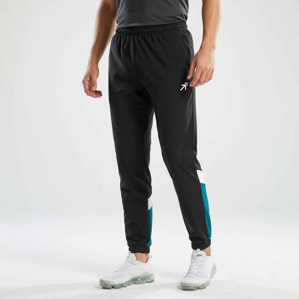 Modern men's two-tone color block track pants. Athletic joggers designed for comfort during workouts, sports, & casual outings.