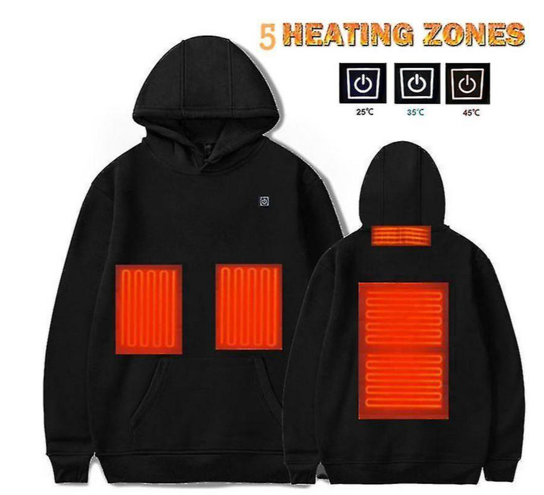 Lightweight men's heated hoodie, USB powered for adjustable warmth & comfort in cold winter weather.
