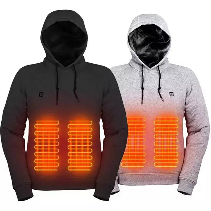 Innovative men's USB heated hoodie, providing targeted warmth for winter sports & everyday wear.
