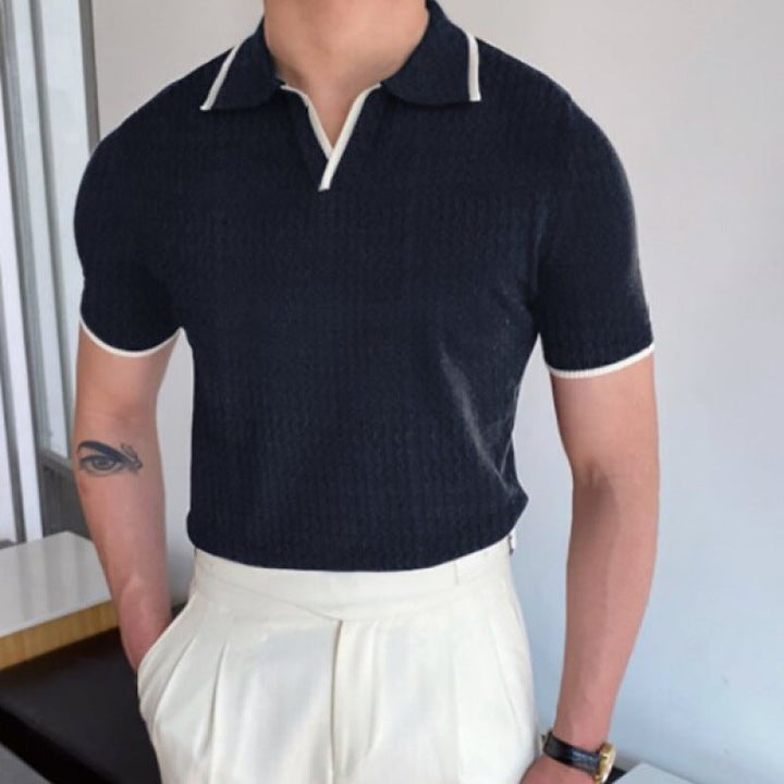 Sophisticated men's V-collar polo shirt, featuring a sleek slim fit design. Modern short sleeve for smart casual elegance.