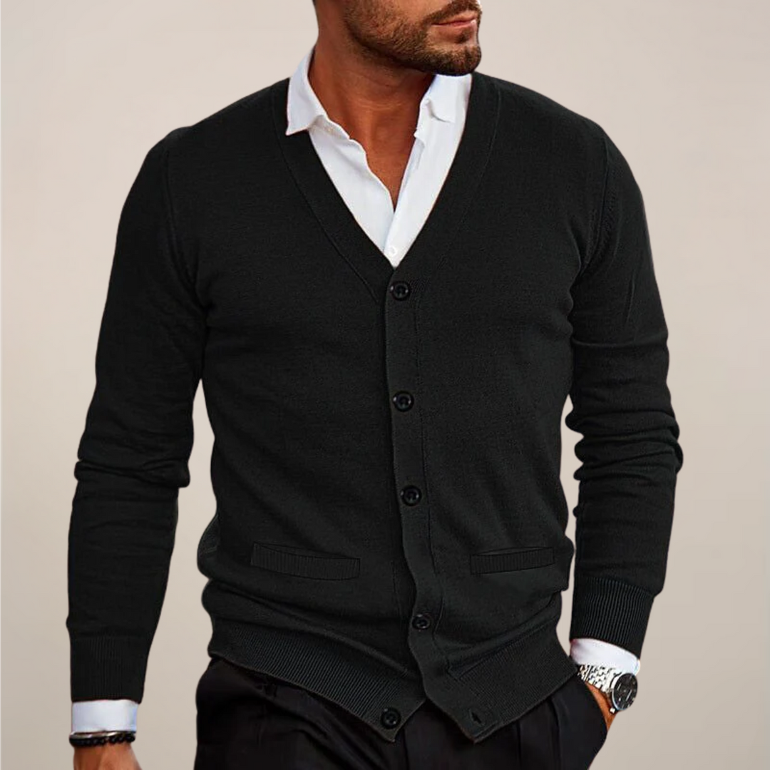 Men's V-Neck Button Cardigan in a classic knit, perfect for smart casual layering & versatile fashion.