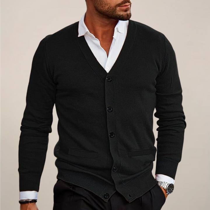 Men's V-Neck Button Cardigan in a classic knit, perfect for smart casual layering & versatile fashion.