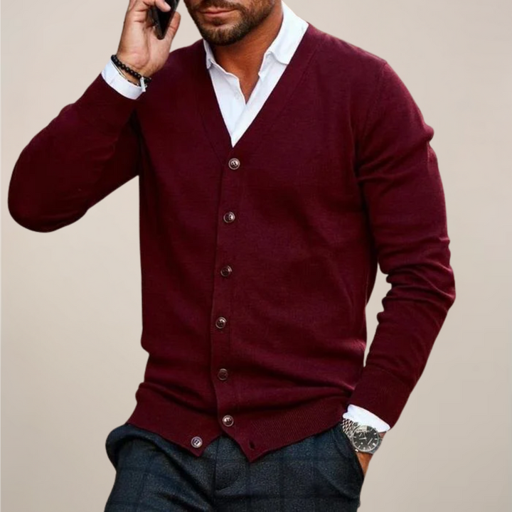 Stylish men's knitwear cardigan with a V-neck & button-up front, ideal for office & evening wear.
