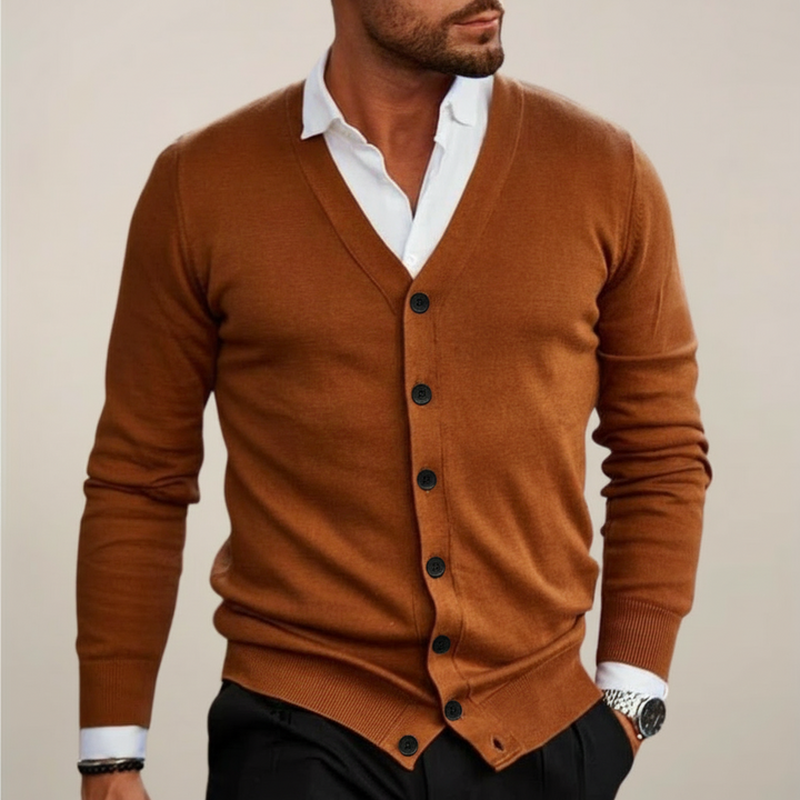 Modern classic men's V-neck button cardigan, great for autumn/winter layering & smart casual outfits.