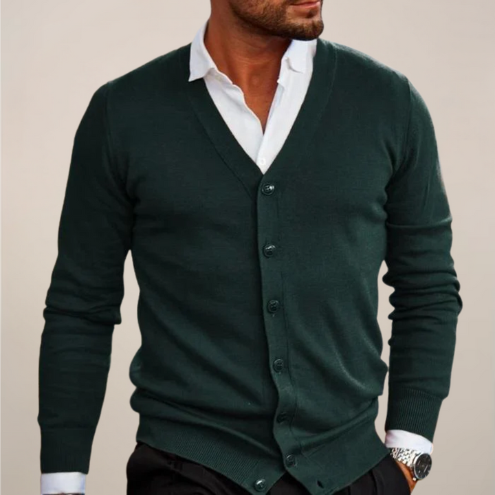 Close-up of a men's V-neck button-up cardigan, showing knit texture and versatile style for men.
