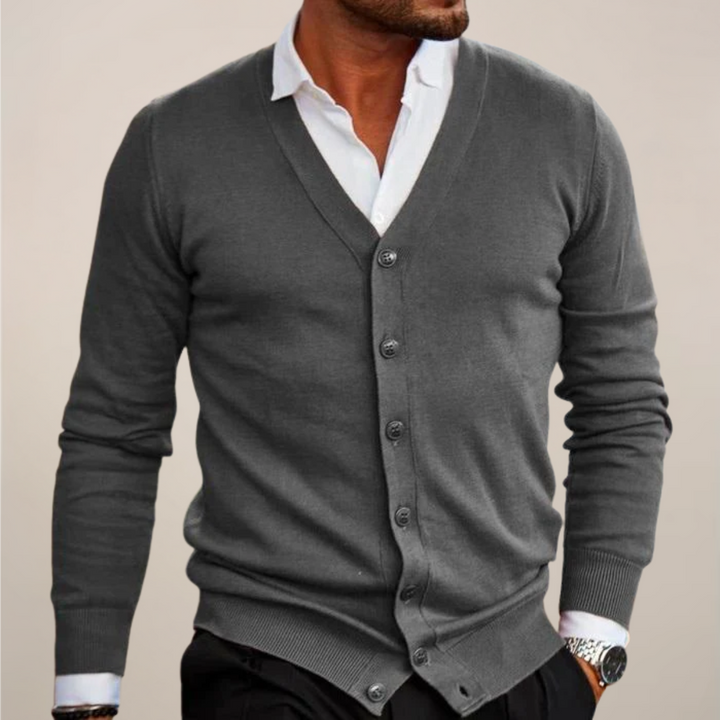 Men's smart casual V-neck button cardigan, an essential layering piece for stylish autumn & winter outfits.