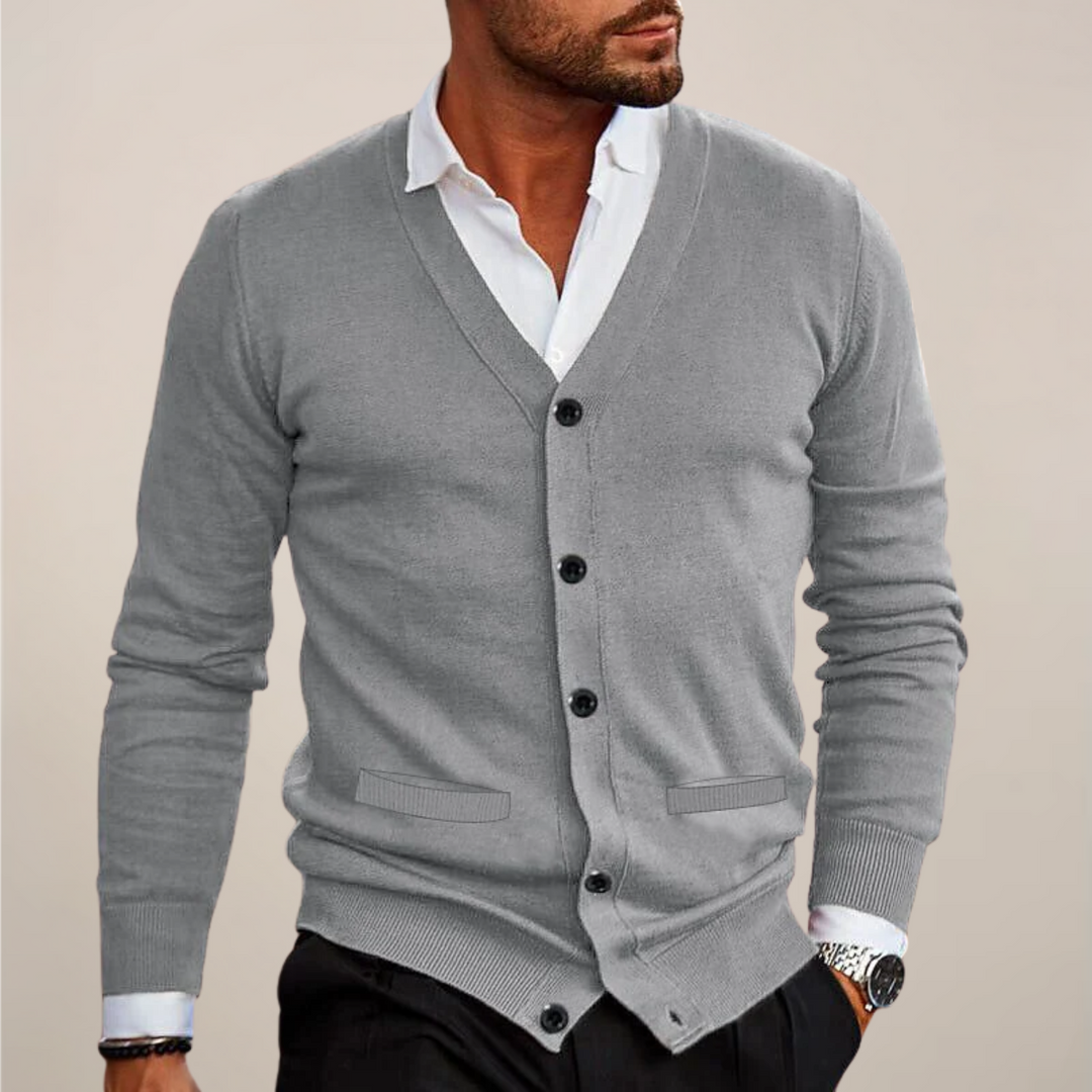 Comfortable & stylish men's V-neck button-up knit cardigan, suitable for versatile modern classic wear.